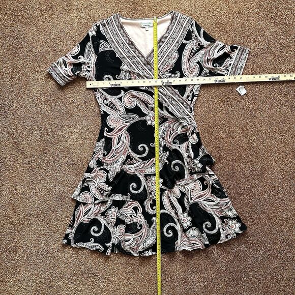 Signature Robbie Bee Dress XL Black Paisley Faux Wrap Stretch Midi Tiered NWT - Picture 9 of 9